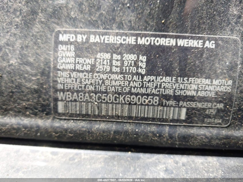 2016 BMW 320I xDrive VIN: WBA8A3C50GK690658 Lot: 45277907