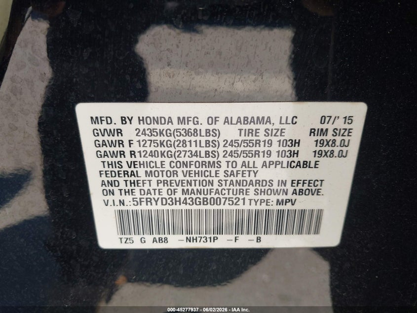 2016 Acura Mdx Technology Acurawatch Plus Packages/Technology Package VIN: 5FRYD3H43GB007521 Lot: 45277937