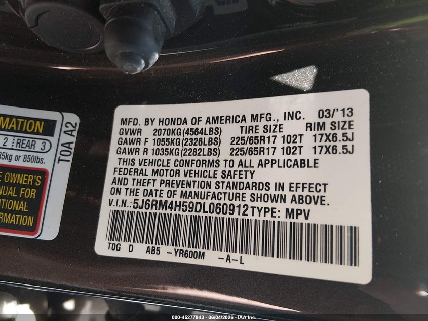 2013 Honda Cr-V Ex VIN: 5J6RM4H59DL060912 Lot: 45277943