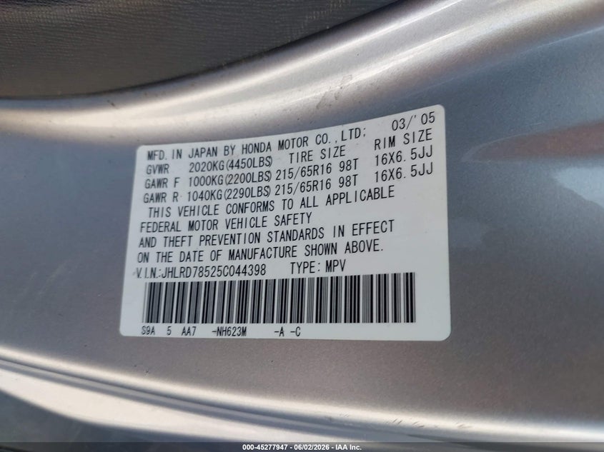 2005 Honda Cr-V Lx VIN: JHLRD78525C044398 Lot: 45277947