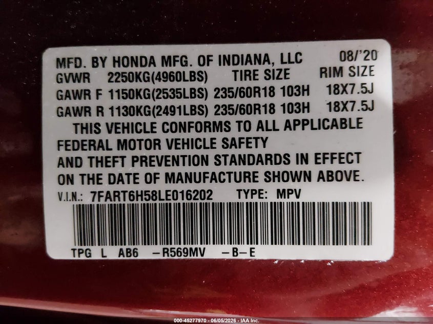 VIN 7FART6H58LE016202 2020 HONDA CR-V HYBRID EX