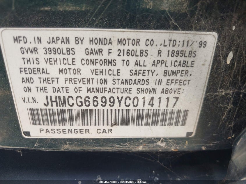 2000 Honda Accord VIN: JHMCG6699YC014117 Lot: 45278005