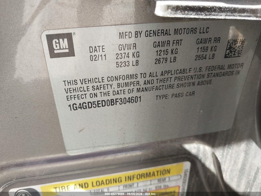 2011 Buick Lacrosse Cxl VIN: 1G4GD5ED0BF304601 Lot: 45278006