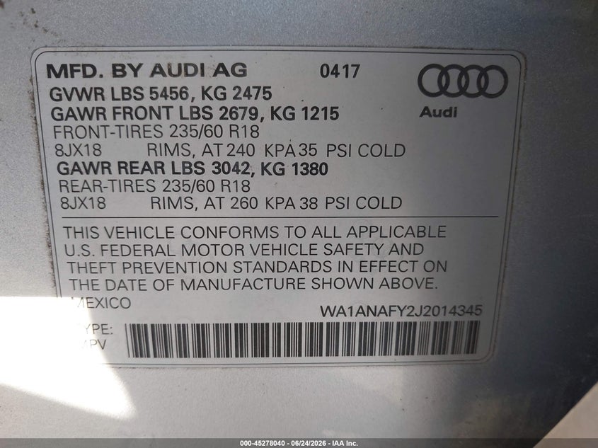 AUDI Q5 2018 VIN WA1ANAFY2J2014345