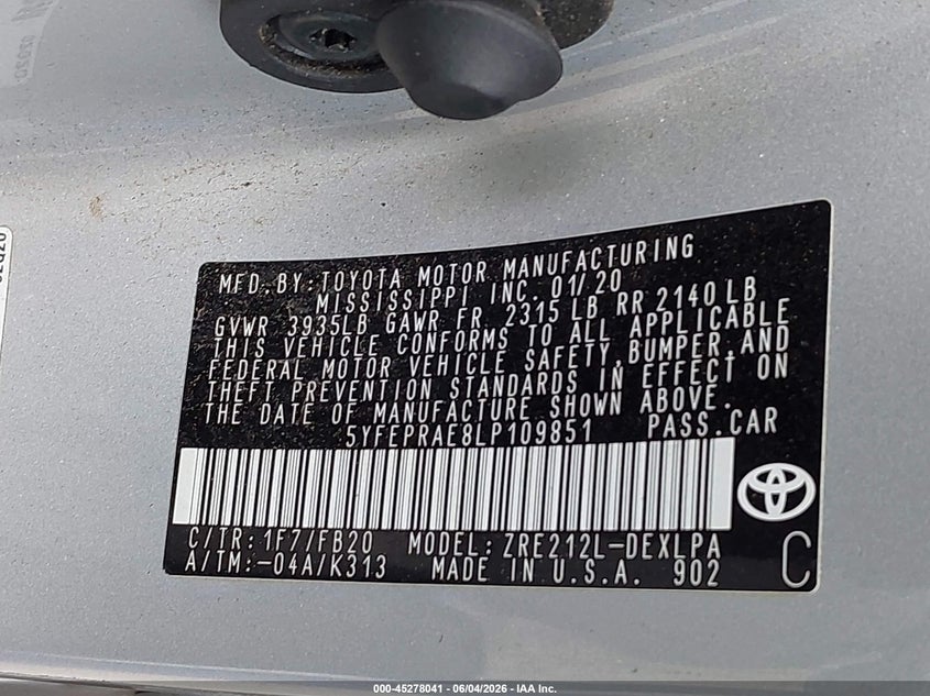 VIN 5YFEPRAE8LP109851 2020 TOYOTA COROLLA LE