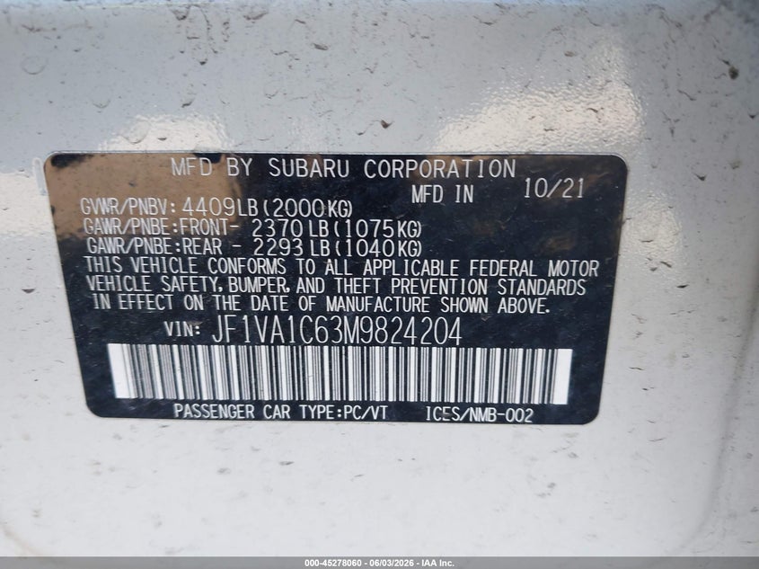 2021 Subaru Wrx Premium VIN: JF1VA1C63M9824204 Lot: 45278060