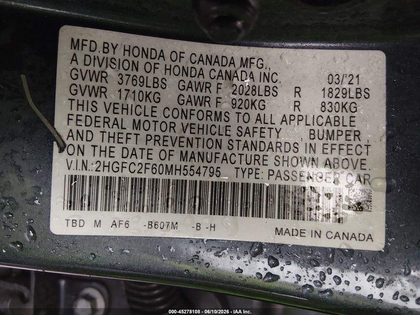 VIN 2HGFC2F60MH554795 2021 HONDA CIVIC LX
