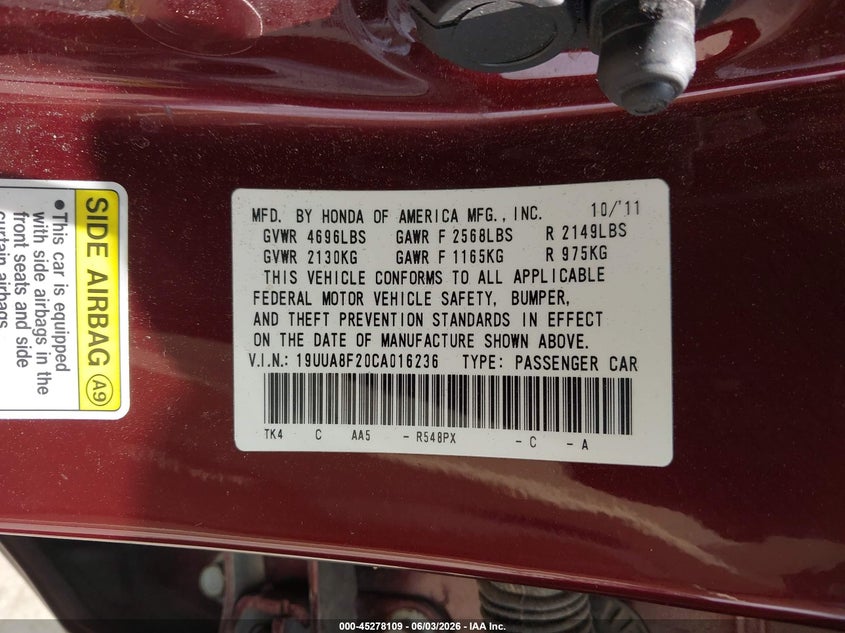 2012 Acura Tl 3.5 VIN: 19UUA8F20CA016236 Lot: 45278109