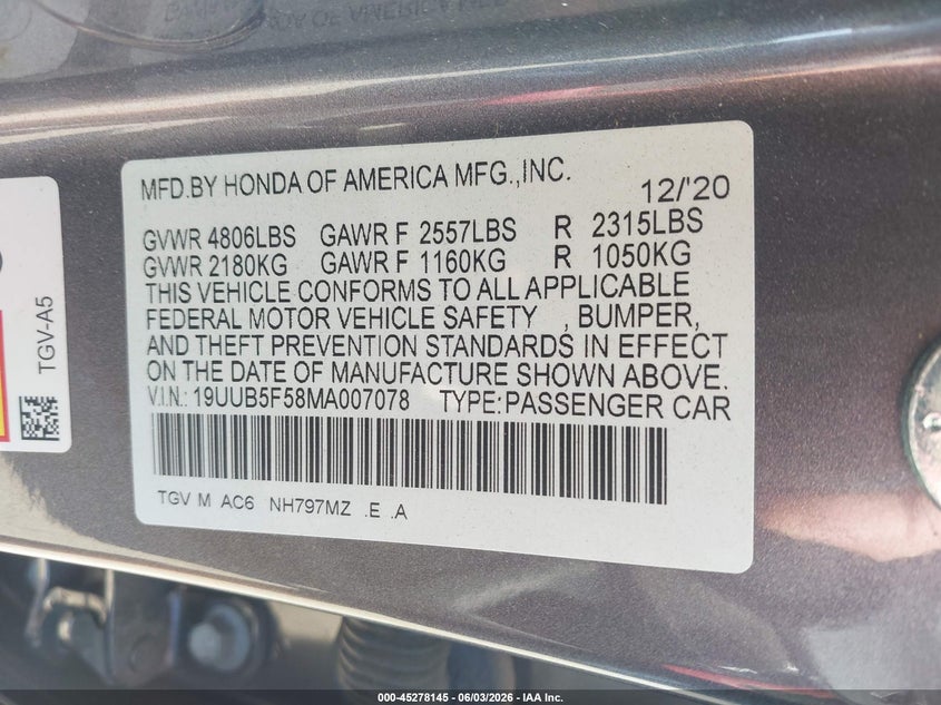 2021 Acura Tlx A-Spec Package VIN: 19UUB5F58MA007078 Lot: 45278145