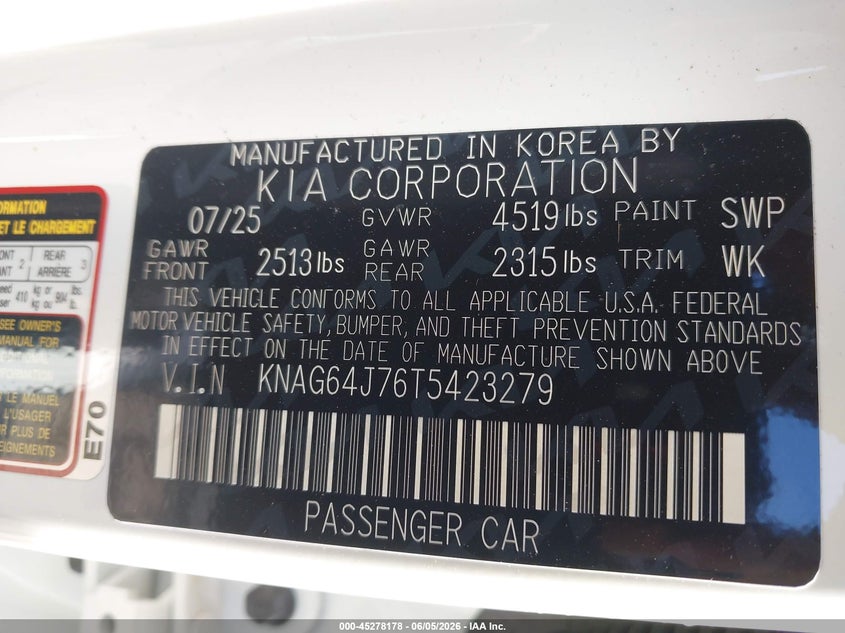 2026 KIA K5 2.5L I-4 DI, DOHC, V(VIN: KNAG64J76T5423279