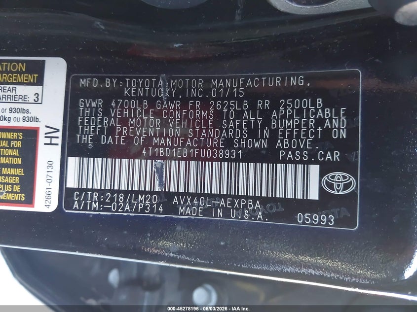2015 Toyota Avalon Hybrid/Prem/Tour/Ltd VIN: 4T1BD1EB1FU038931 Lot: 45278196
