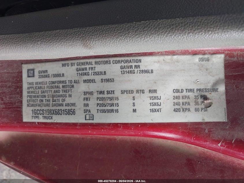 2006 Chevrolet Colorado Ls VIN: 1GCCS198X68315856 Lot: 45278204