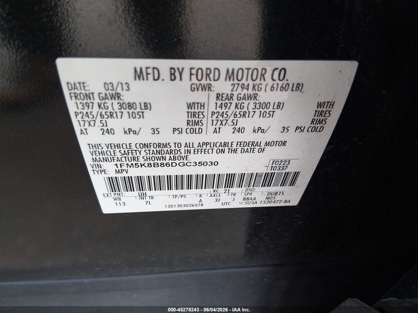 2013 Ford Explorer VIN: 1FM5K8B86DGC35030 Lot: 45278243