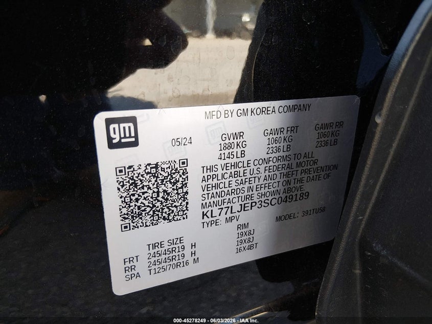 2025 Chevrolet Trax Fwd 2Rs VIN: KL77LJEP3SC049189 Lot: 45278249