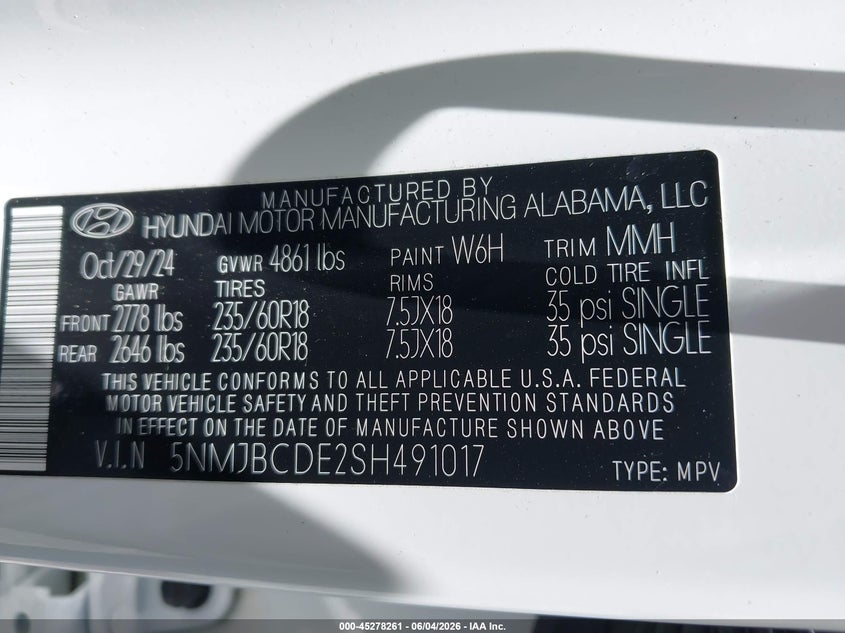 2025 HYUNDAI TUCSON 2.5L I-4 DI, DOHC, V(VIN: 5NMJBCDE2SH491017