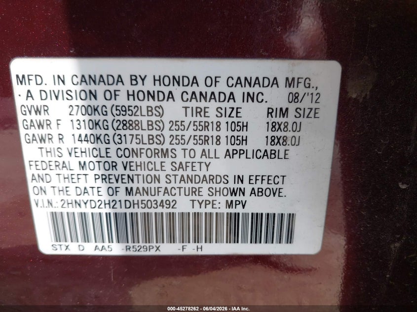 2013 Acura Mdx VIN: 2HNYD2H21DH503492 Lot: 45278262