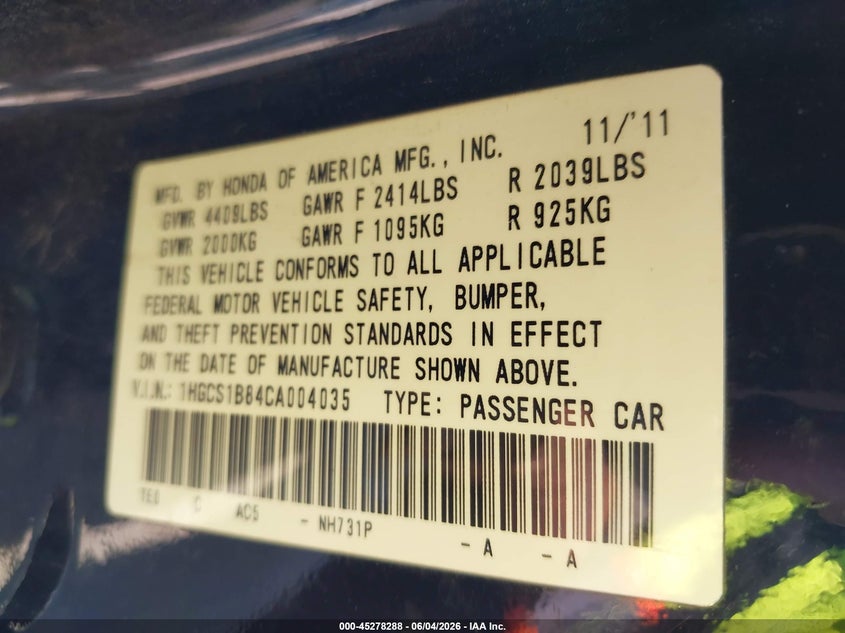 2012 Honda Accord 2.4 2.4 Ex-L black Lot 111045278288 Vin 1HGCS1B84CA004035