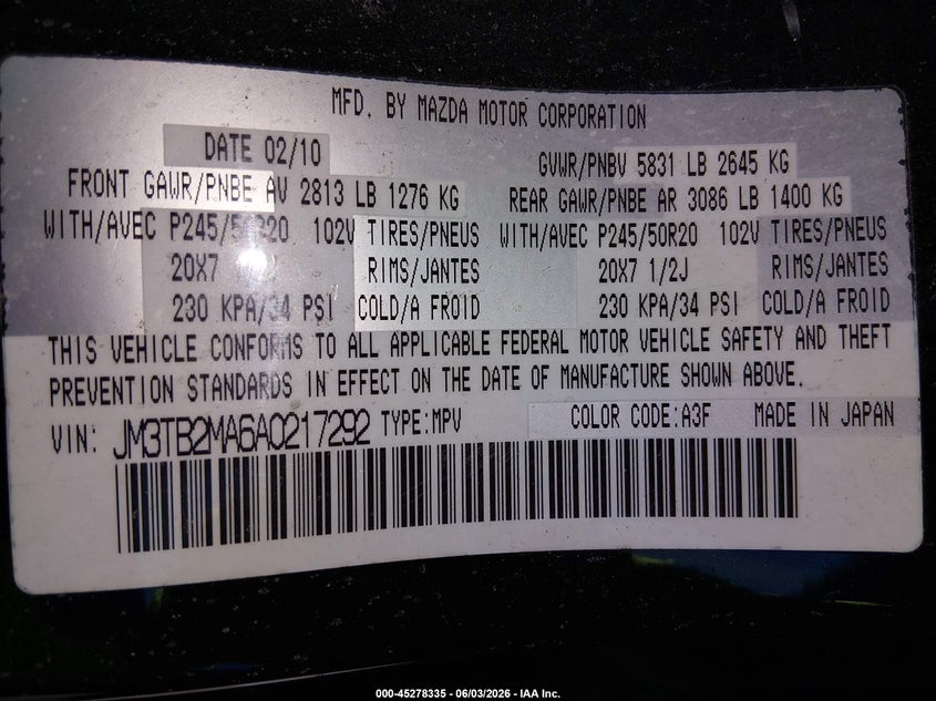 2010 Mazda Cx-9 Grand Touring VIN: JM3TB2MA6A0217292 Lot: 45278335