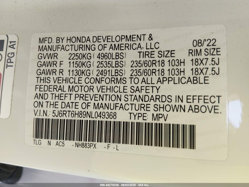 2022 Honda Cr-V Hybrid Ex-L VIN: 5J6RT6H89NL049368 Lot: 45278336