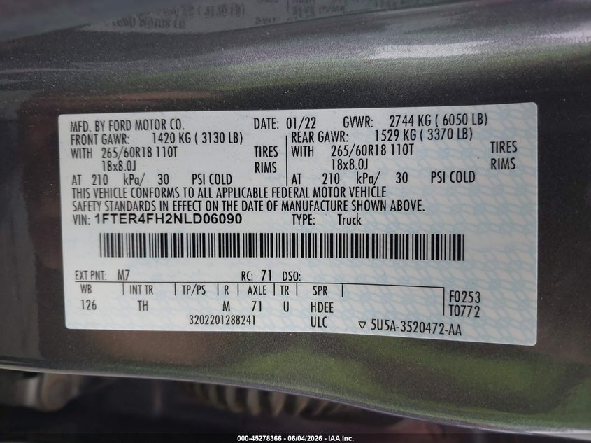 2022 Ford Ranger Xlt VIN: 1FTER4FH2NLD06090 Lot: 45278366