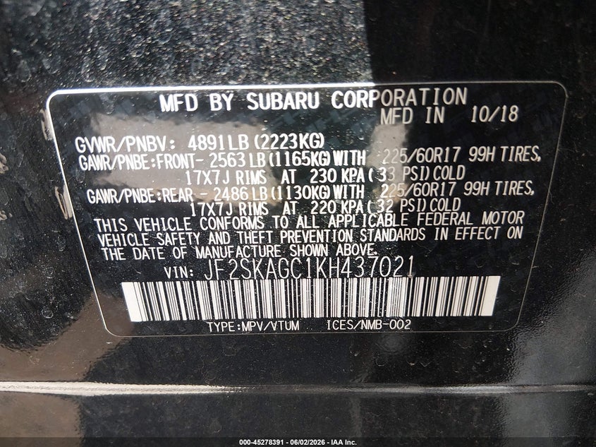 2019 Subaru Forester Premium VIN: JF2SKAGC1KH437021 Lot: 45278391