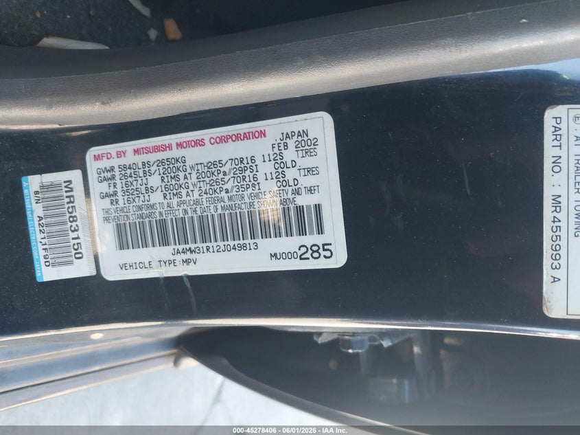 2002 Mitsubishi Montero Xls VIN: JA4MW31R12J049813 Lot: 45278406