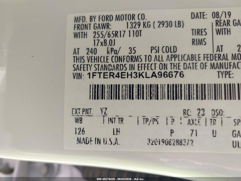 2019 Ford Ranger Xlt VIN: 1FTER4EH3KLA96676 Lot: 45278429