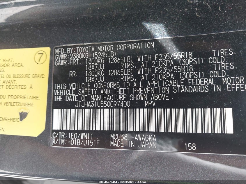 2005 Lexus Rx 330 VIN: JTJHA31U550097400 Lot: 45278454