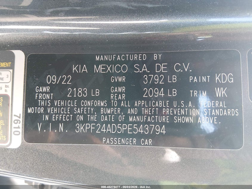 2023 Kia Forte Lxs VIN: 3KPF24AD5PE543794 Lot: 45278477