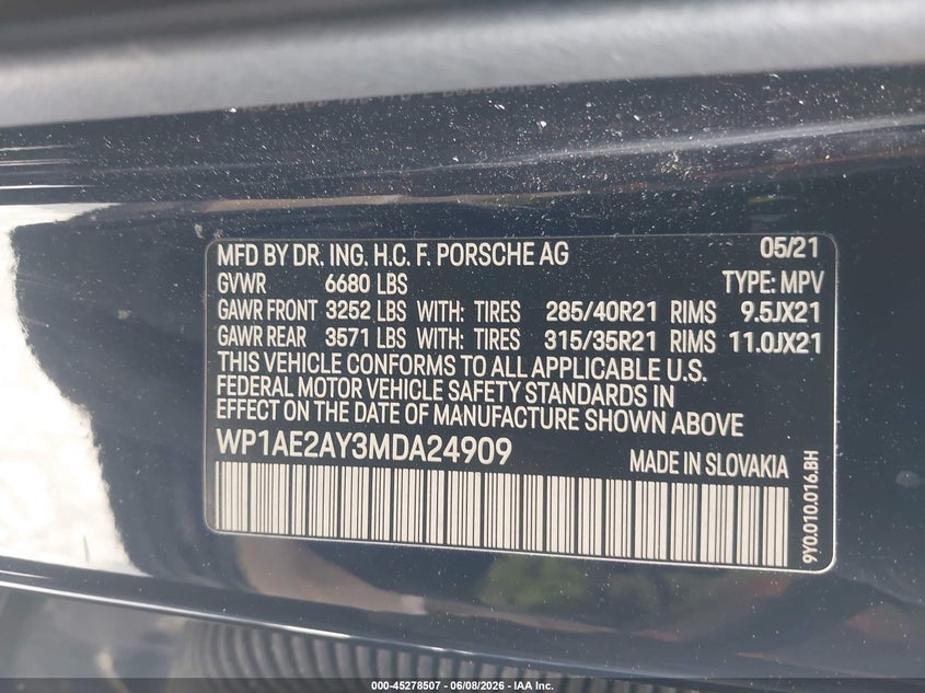 2021 PORSCHE CAYENNE E-HYBRID 3.0L V-6 DI, DOHC, V(VIN: WP1AE2AY3MDA24909