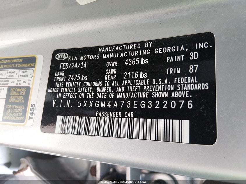 2014 Kia Optima Lx VIN: 5XXGM4A73EG322076 Lot: 45278509