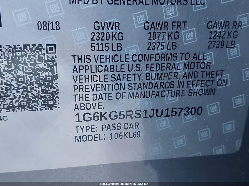 2018 Cadillac Ct6 Premium Luxury VIN: 1G6KG5RS1JU157300 Lot: 45278589