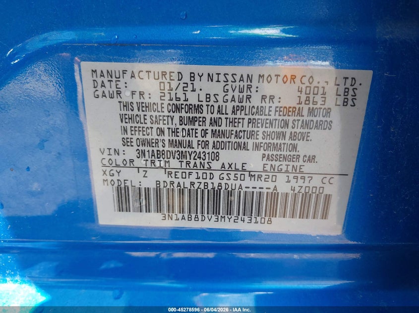 VIN 3N1AB8DV3MY243108 2021 NISSAN SENTRA SR XTRONIC CVT