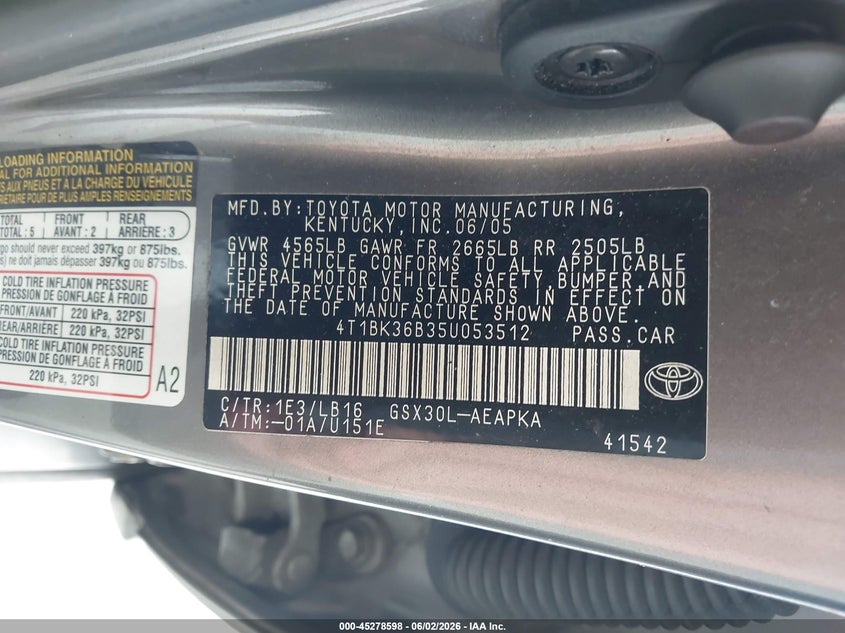 2005 Toyota Avalon Limited VIN: 4T1BK36B35U053512 Lot: 45278598