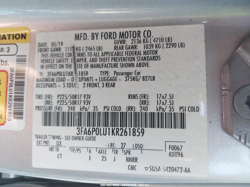 FORD FUSION HYBRID 2019 VIN 3FA6P0LU1KR261859