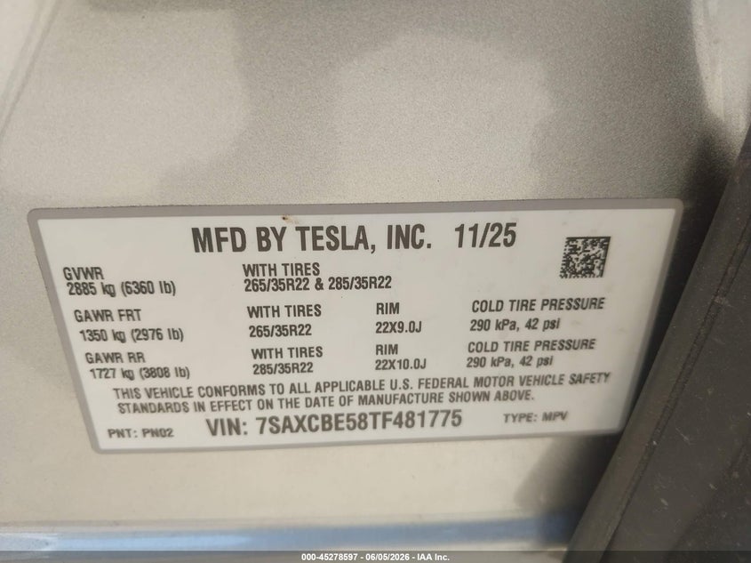 2026 Tesla Model X All-Wheel Drive VIN: 7SAXCBE58TF481775 Lot: 45278597