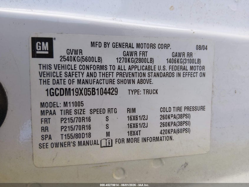 2005 Chevrolet Astro VIN: 1GCDM19X05B104429 Lot: 45278614