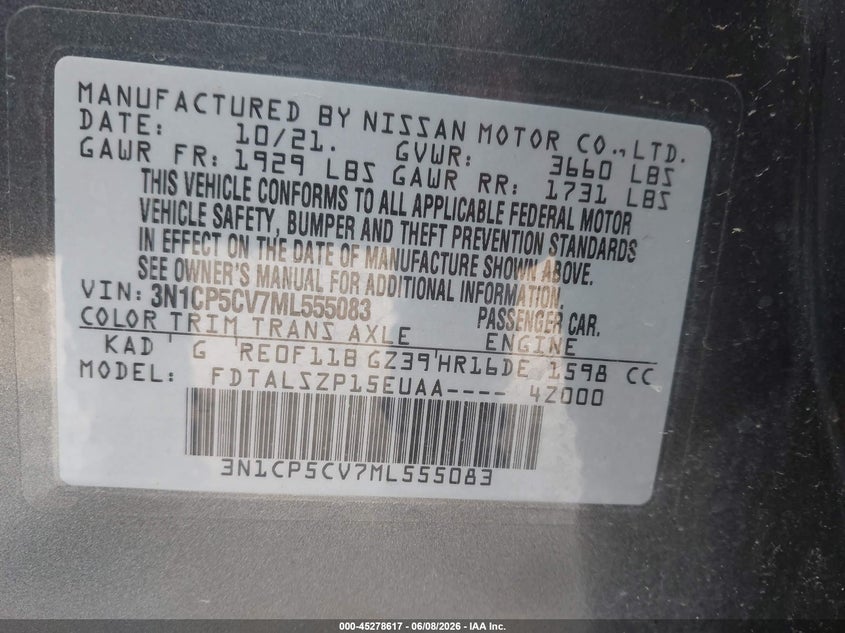 2021 NISSAN KICKS 1.6L I-4 DOHC, VVT, (VIN: 3N1CP5CV7ML555083