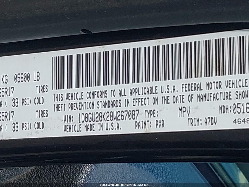2008 Dodge Nitro Sxt VIN: 1D8GU28K28W267087 Lot: 45278648
