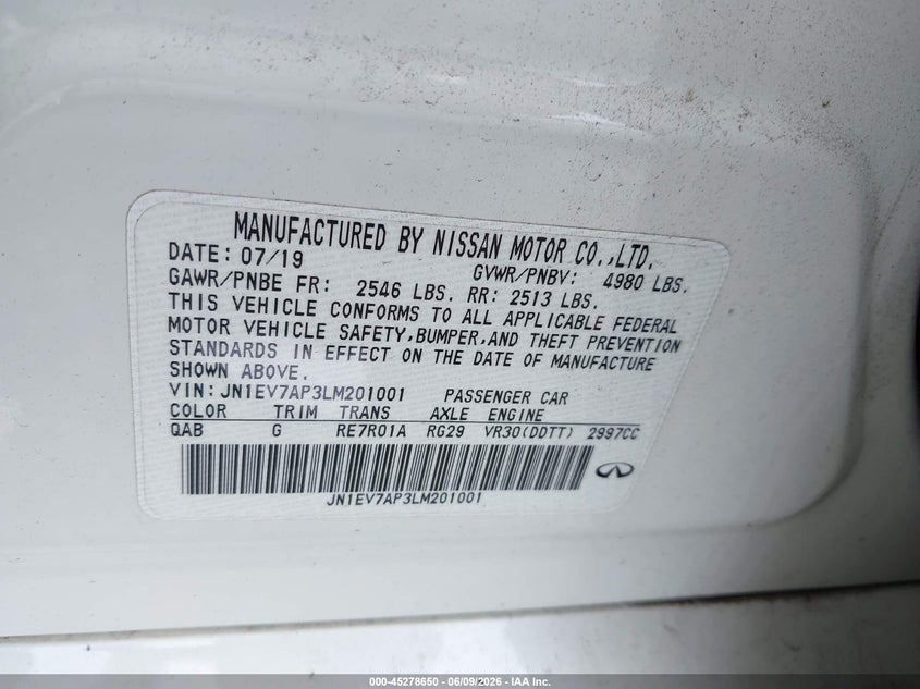 2020 Infiniti Q50 Luxe VIN: JN1EV7AP3LM201001 Lot: 45278650