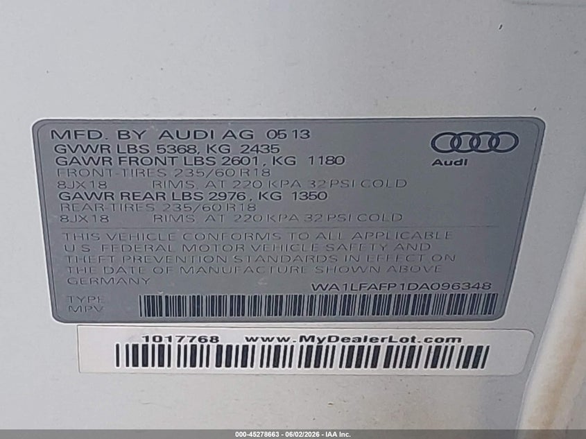 2013 Audi Q5 2.0T Premium VIN: WA1LFAFP1DA096348 Lot: 45278663