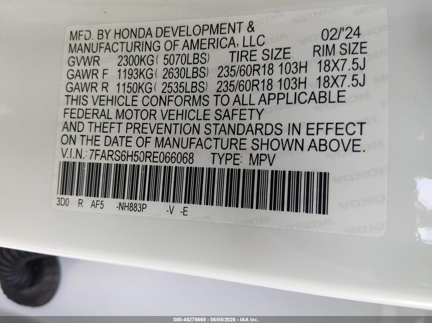 2024 HONDA CR-V HYBRID 2.0L I-4 DI, DOHC, V(VIN: 7FARS6H50RE066068