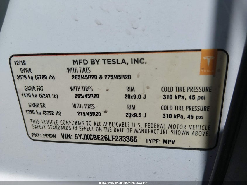 2020 Tesla Model X Long Range Dual Motor All-Wheel Drive/Long Range Plus Dual Motor All-Wheel Drive VIN: 5YJXCBE26LF233365 Lot: 45278702