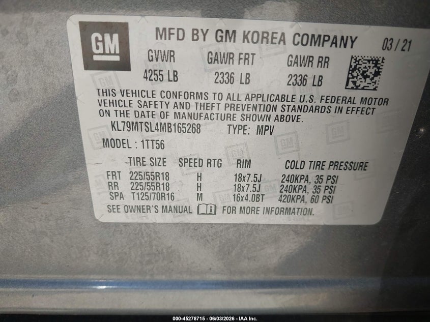 2021 Chevrolet Trailblazer Fwd Rs VIN: KL79MTSL4MB165268 Lot: 45278715