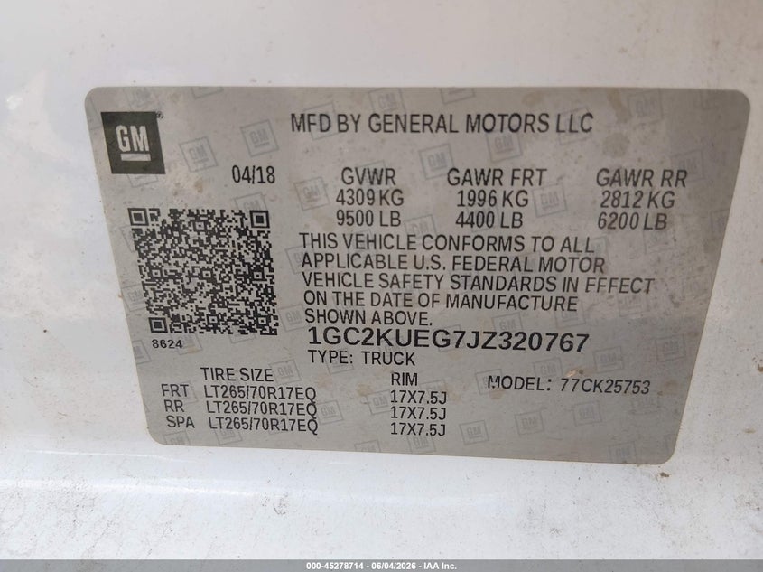 2018 Chevrolet Silverado 2500Hd Wt VIN: 1GC2KUEG7JZ320767 Lot: 45278714