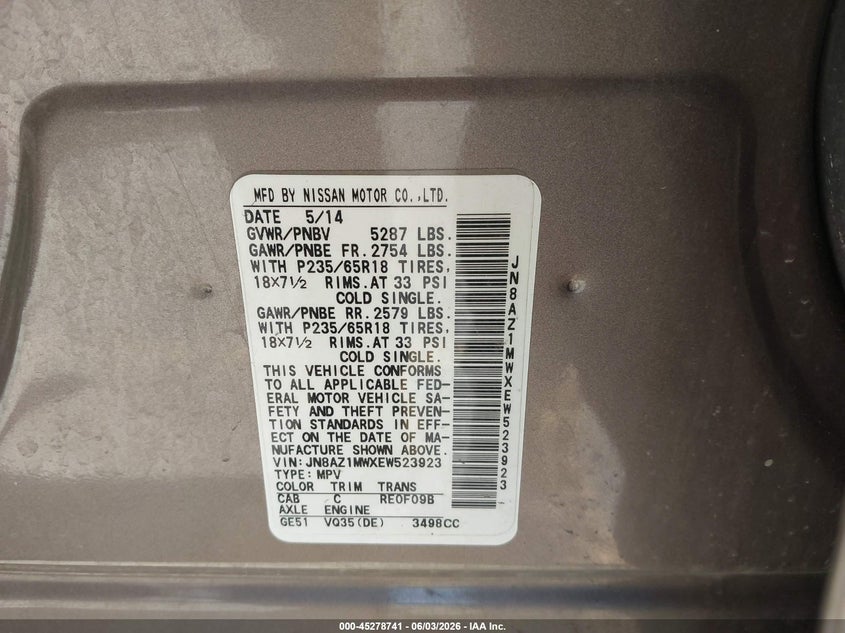 2014 Nissan Murano Sl VIN: JN8AZ1MWXEW523923 Lot: 45278741