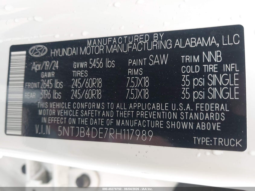 2024 Hyundai Santa Cruz Sel VIN: 5NTJB4DE7RH117989 Lot: 45278750