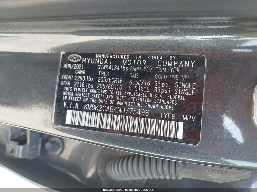 2022 Hyundai Kona Se VIN: KM8K2CAB4NU775496 Lot: 45278828