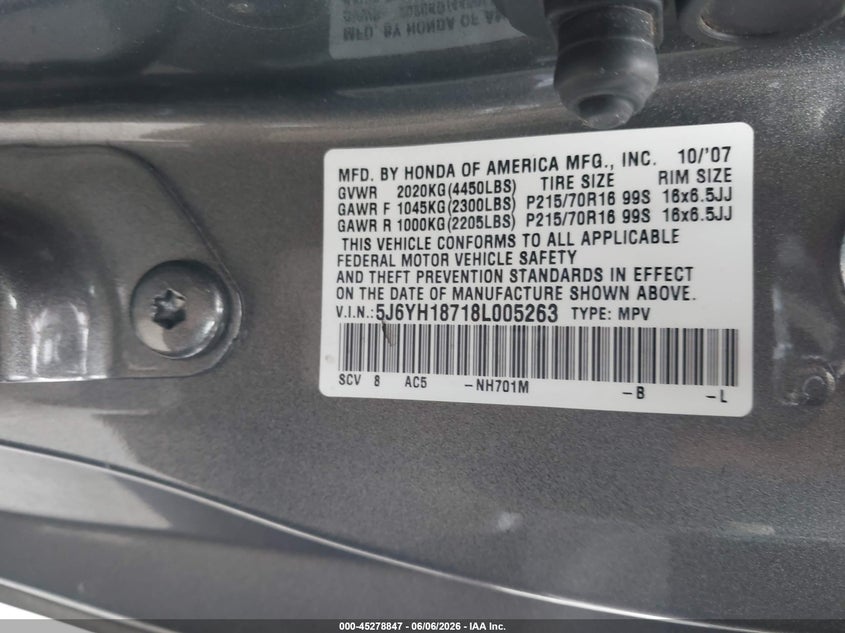 2008 Honda Element Ex VIN: 5J6YH18718L005263 Lot: 45278847