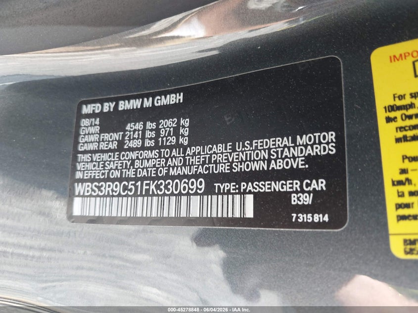2015 BMW M4 VIN: WBS3R9C51FK330699 Lot: 45278848